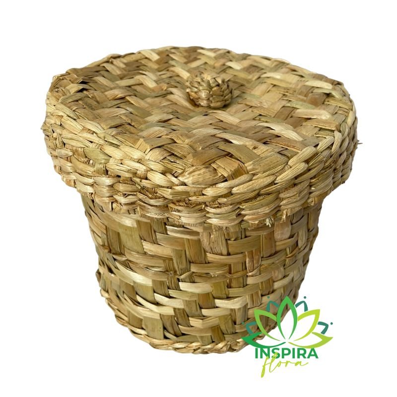 Cesto Com Tampa De Taboa Mole Decoração Palha Natural