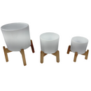 Tripé De Madeira Com Vasos Cerâmica Branco Cilíndrico P M G